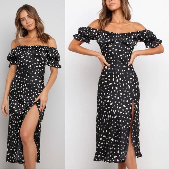 Petal & Pup Dresses & Skirts - Petal & Pup Keyler Off the Shoulder Satin Midi Dress Size 8 Black & White Dot